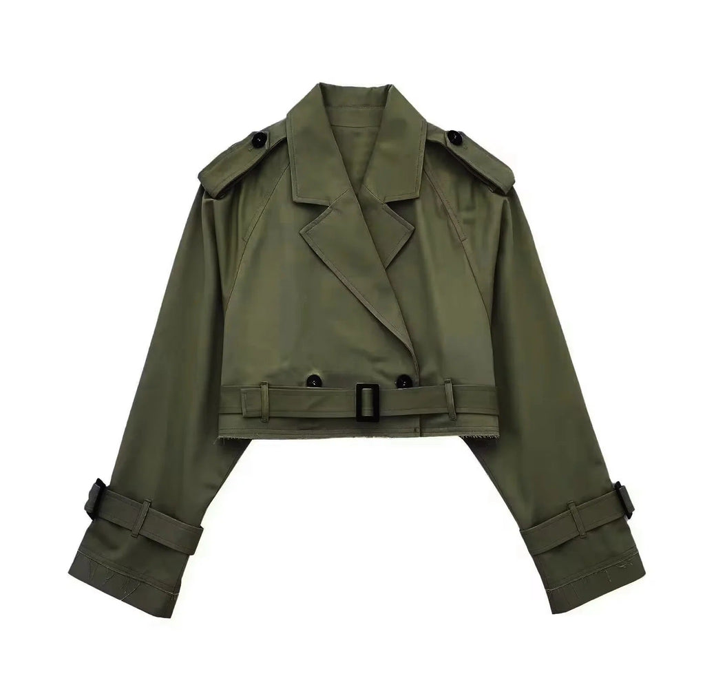 Trench corto da donna - stile doppiopetto corto con cintura