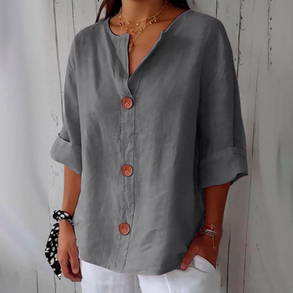 Blusa Gretel in lino beige con bottoni e collo alla coreana
