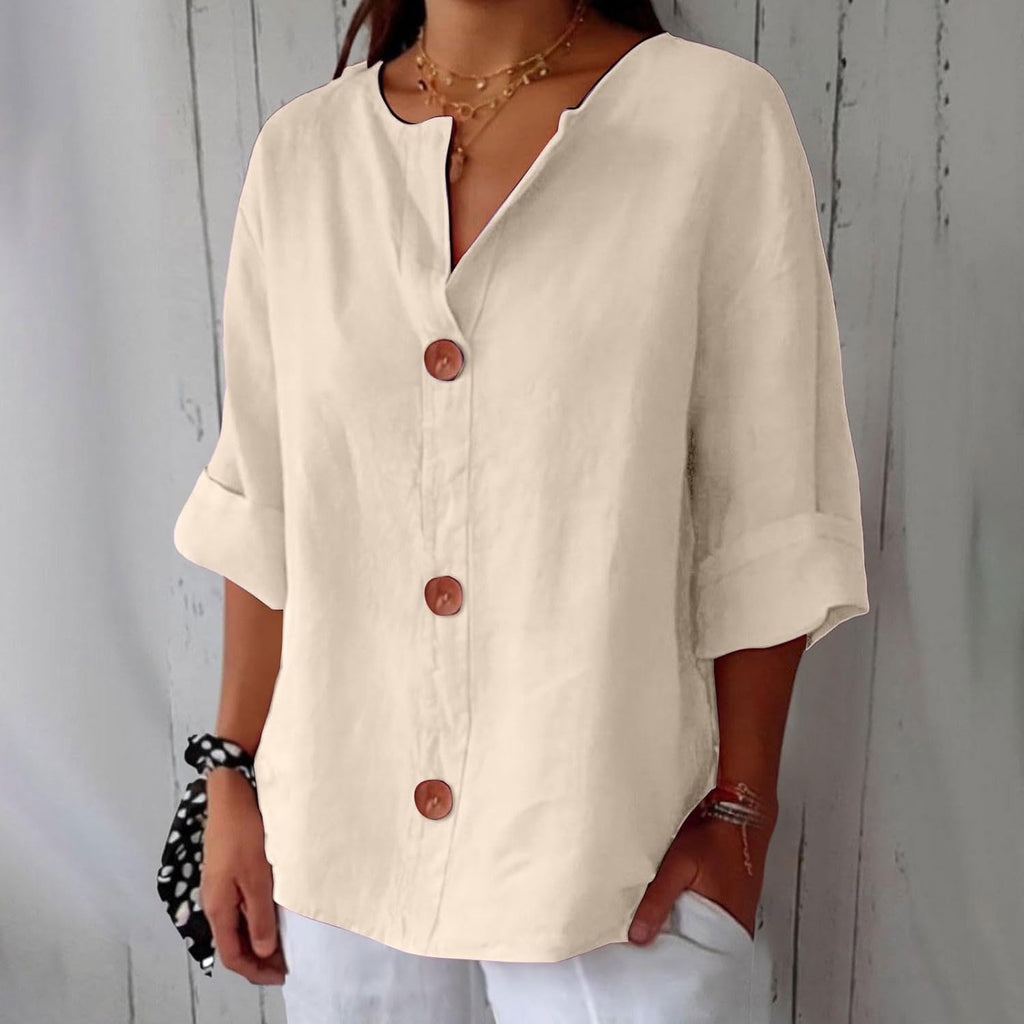 Blusa Gretel in lino beige con bottoni e collo alla coreana