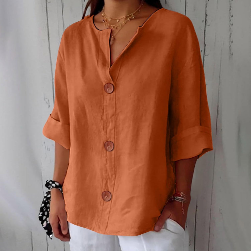 Blusa Gretel in lino beige con bottoni e collo alla coreana