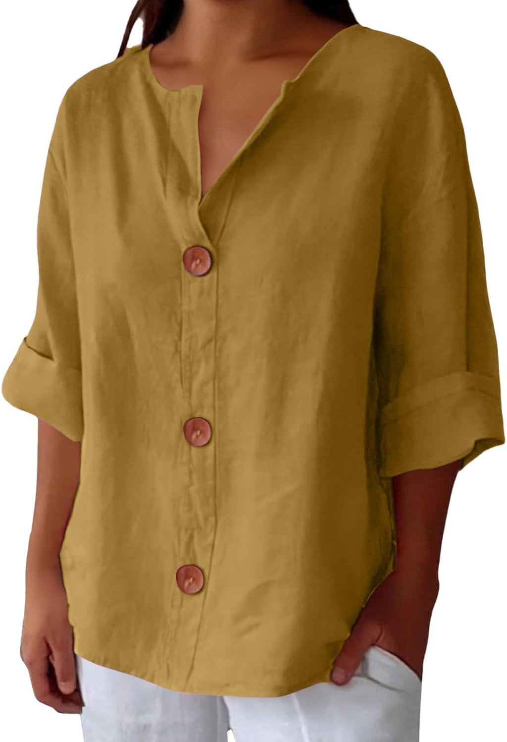Blusa Gretel in lino beige con bottoni e collo alla coreana