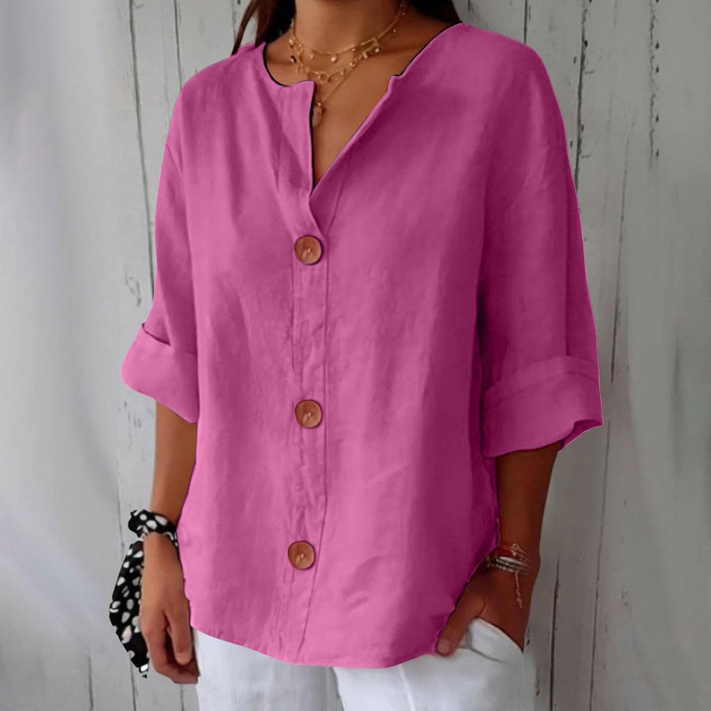 Blusa Gretel in lino beige con bottoni e collo alla coreana
