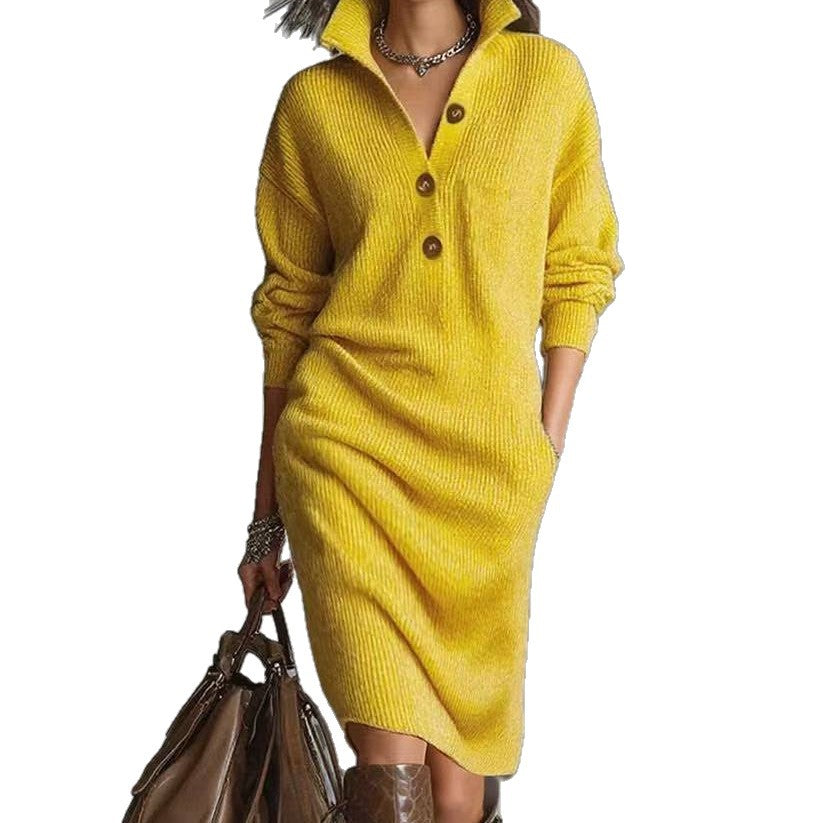 Abito in maglia a maniche lunghe da donna – Scollo a V alto con bottoni