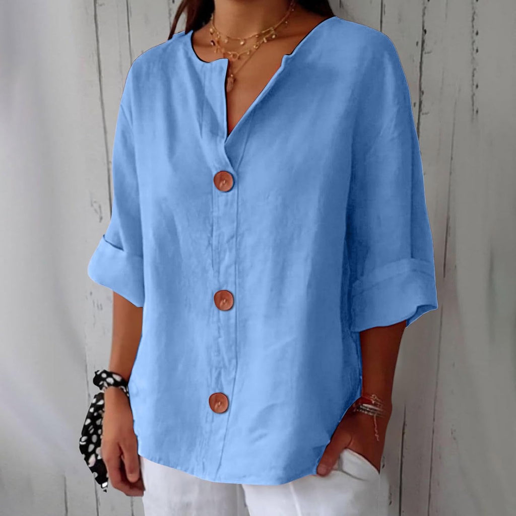Blusa Gretel in lino beige con bottoni e collo alla coreana