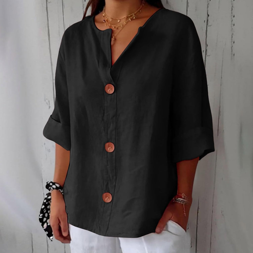 Blusa Gretel in lino beige con bottoni e collo alla coreana