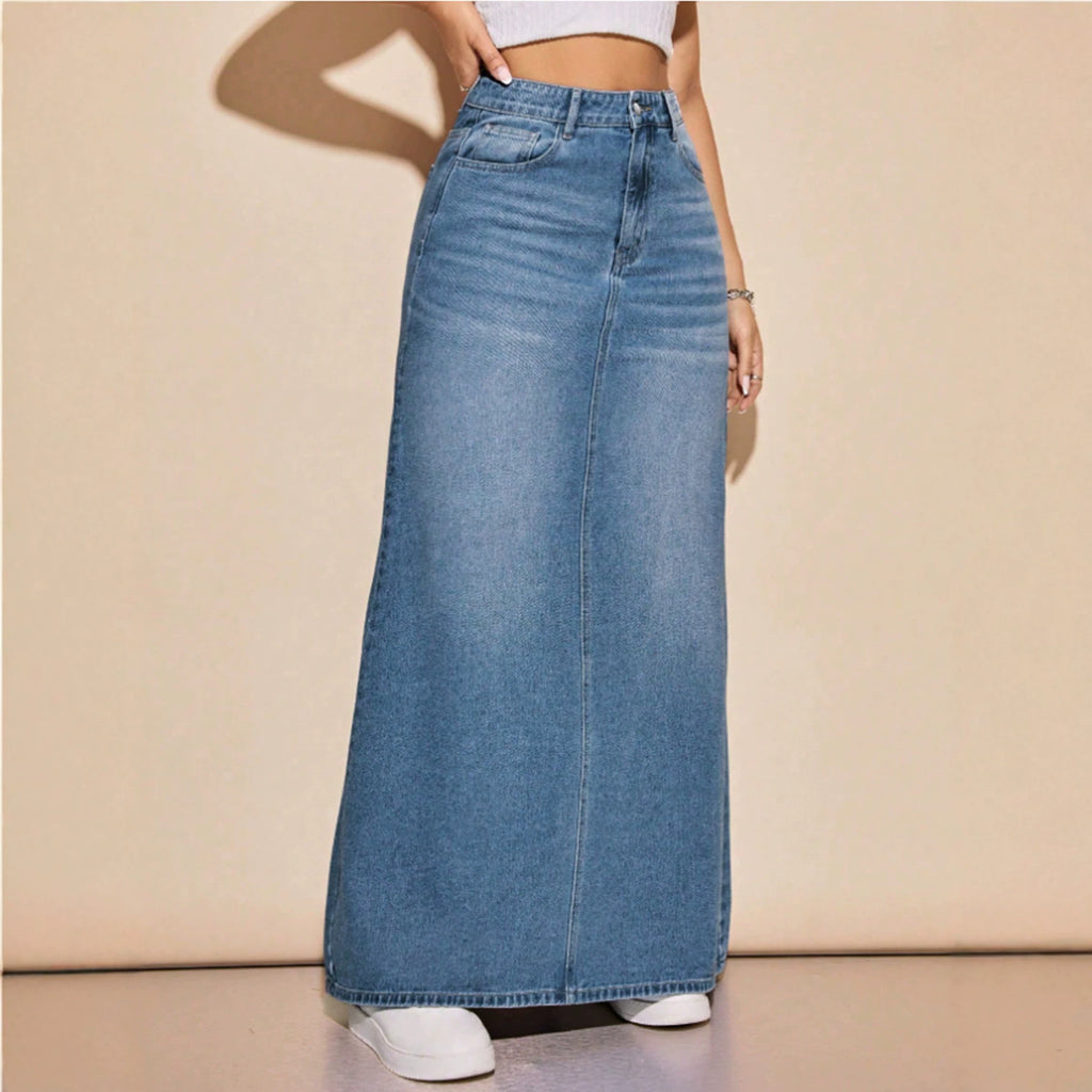 Jupe longue en denim délavé pour femme - Décontractée et polyvalente