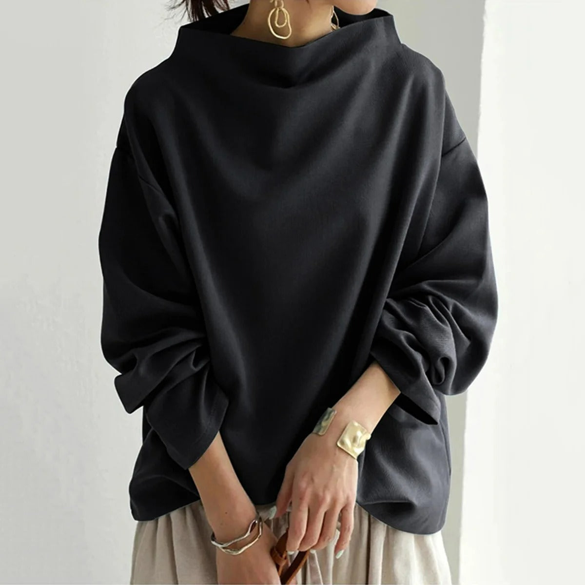 Maglione elegante da donna con collo alto - Vestibilità casual nero maniche lunghe