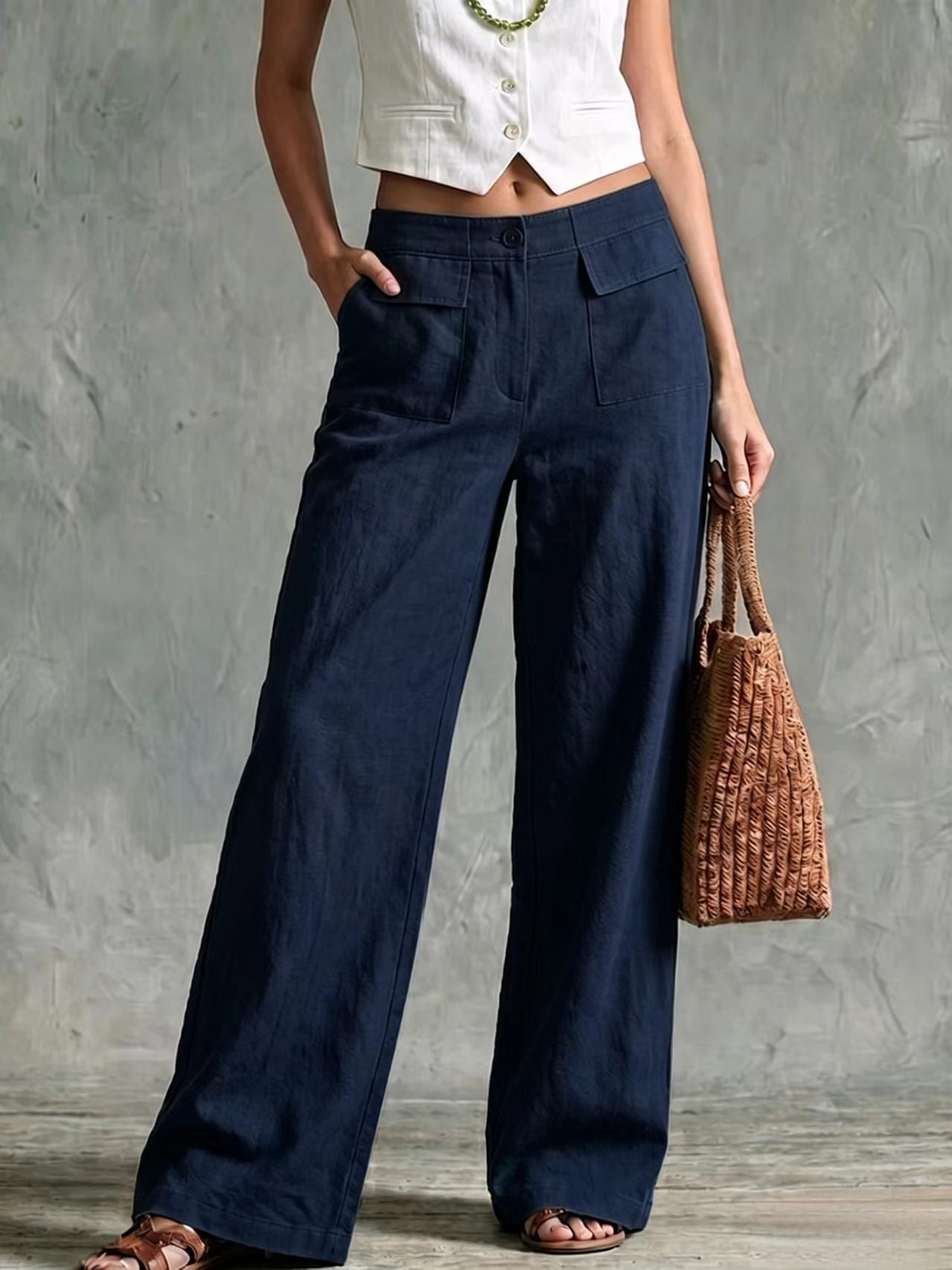 Womens Solid-color Fashionable Loose Casual Elastic-waist Trousers