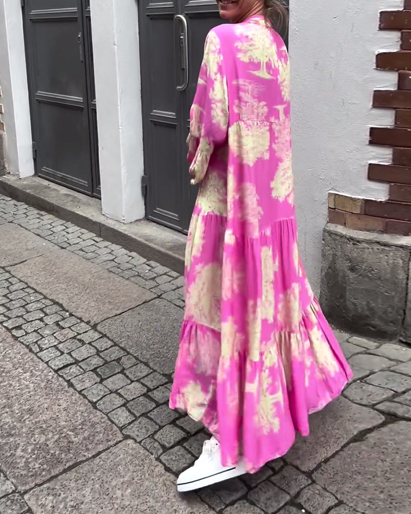 Elegante abito lungo stampato da donna – vestibilità ampia con maniche arricciate