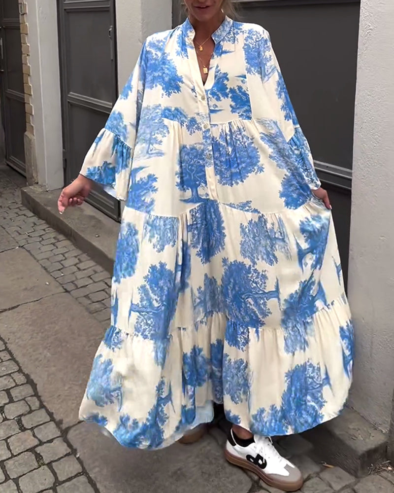 Elegante abito lungo stampato da donna – vestibilità ampia con maniche arricciate