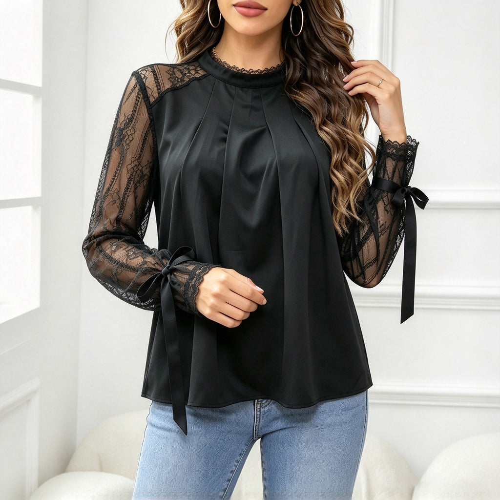 Blouse femme plissée en dentelle à col montant - Élégante et raffinée
