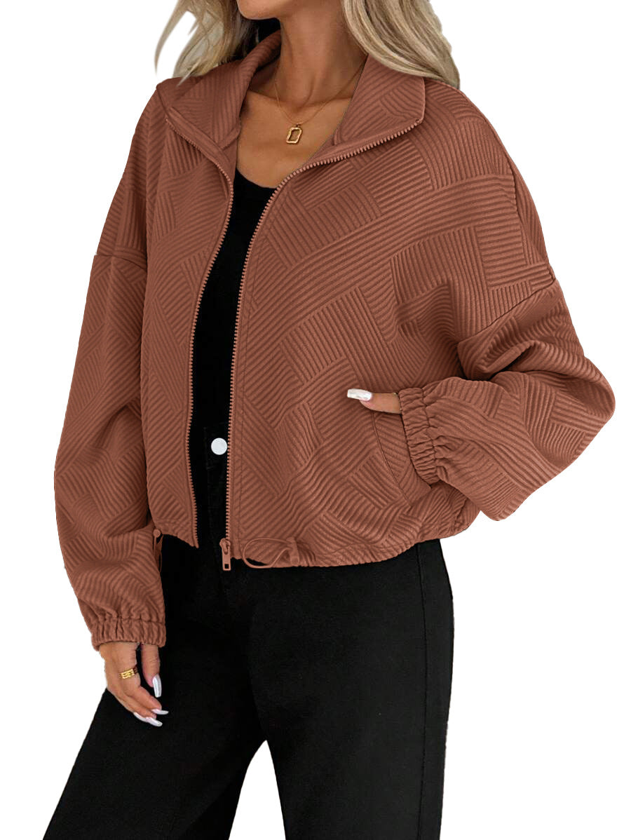 Giacca da donna con collo alto e cerniera – Modello casual autunno-inverno dalla vestibilità ampia con orlo regolabile tramite coulisse
