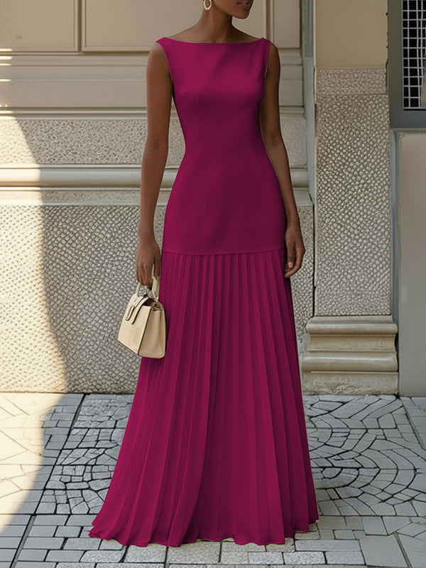 Vestito maxi plissettato da donna con scollo a barca – elegante senza maniche con spacco