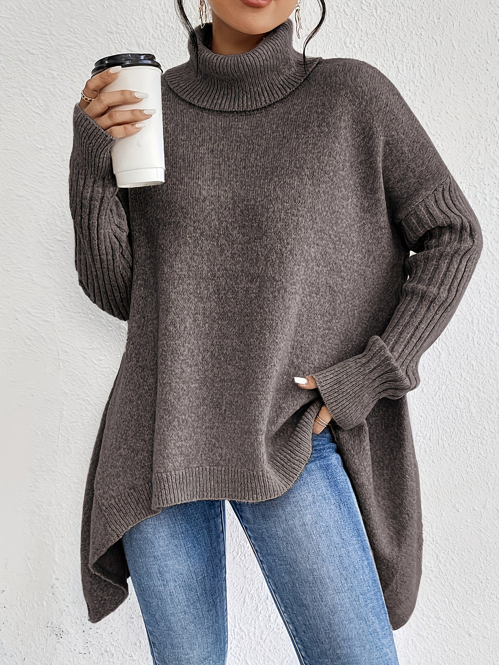 Maglione dolcevita irregolare da donna – Pullover a maniche lunghe in maglia larga