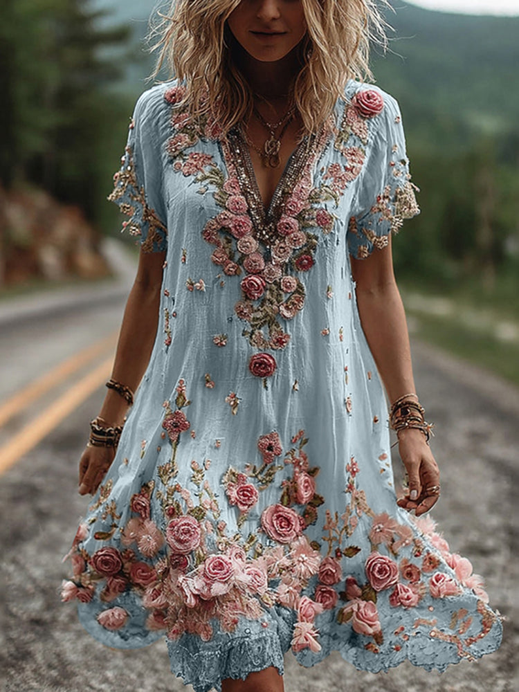 Abito Ricamato Floreale con Scollo a V – Eleganza Romantica e Stile Raffinato