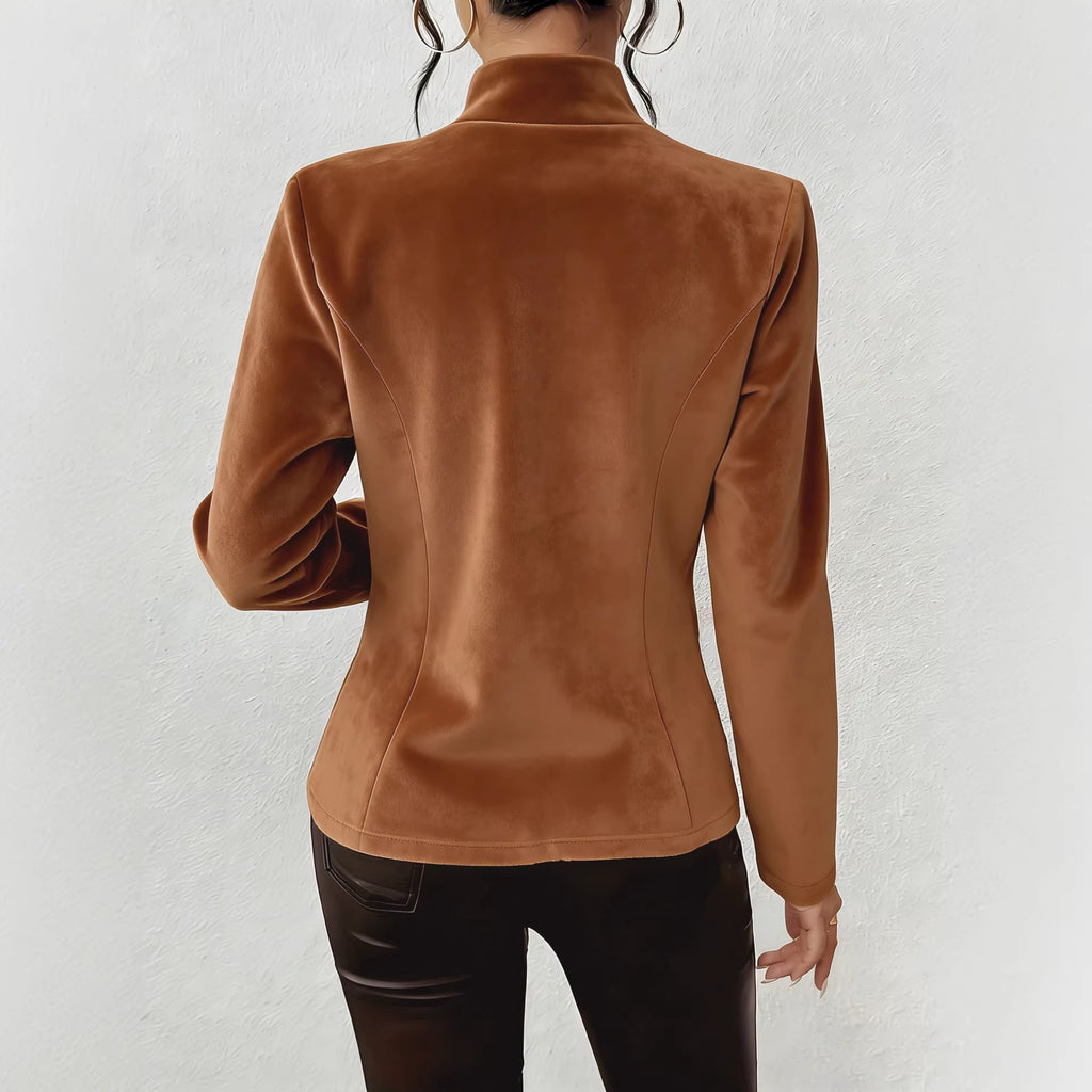 Blazer donna effetto suede con scollo a V e tre bottoni