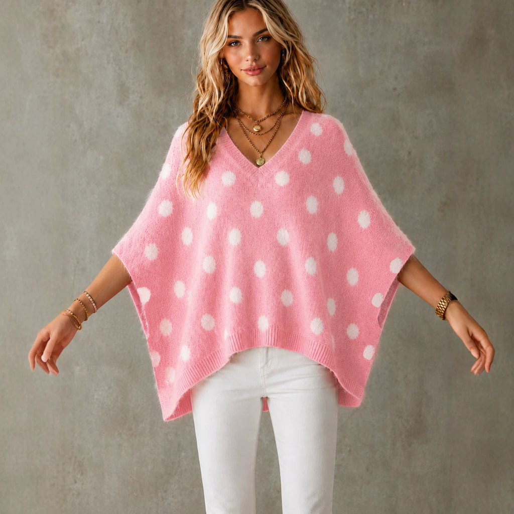 Women's polka-dot knit top with a V-neck - Lightweight and original