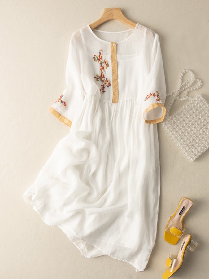 Donna Leggero Elegante Ricamato Cotone Lino Abito – Traspirante, Comoda