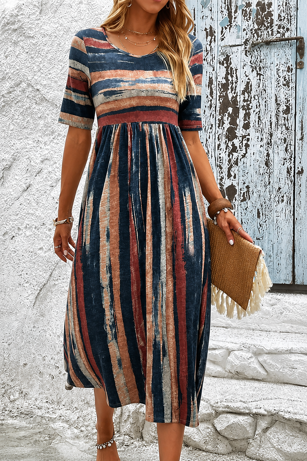 Marloes - Abito midi da donna a righe effetto contenitivo