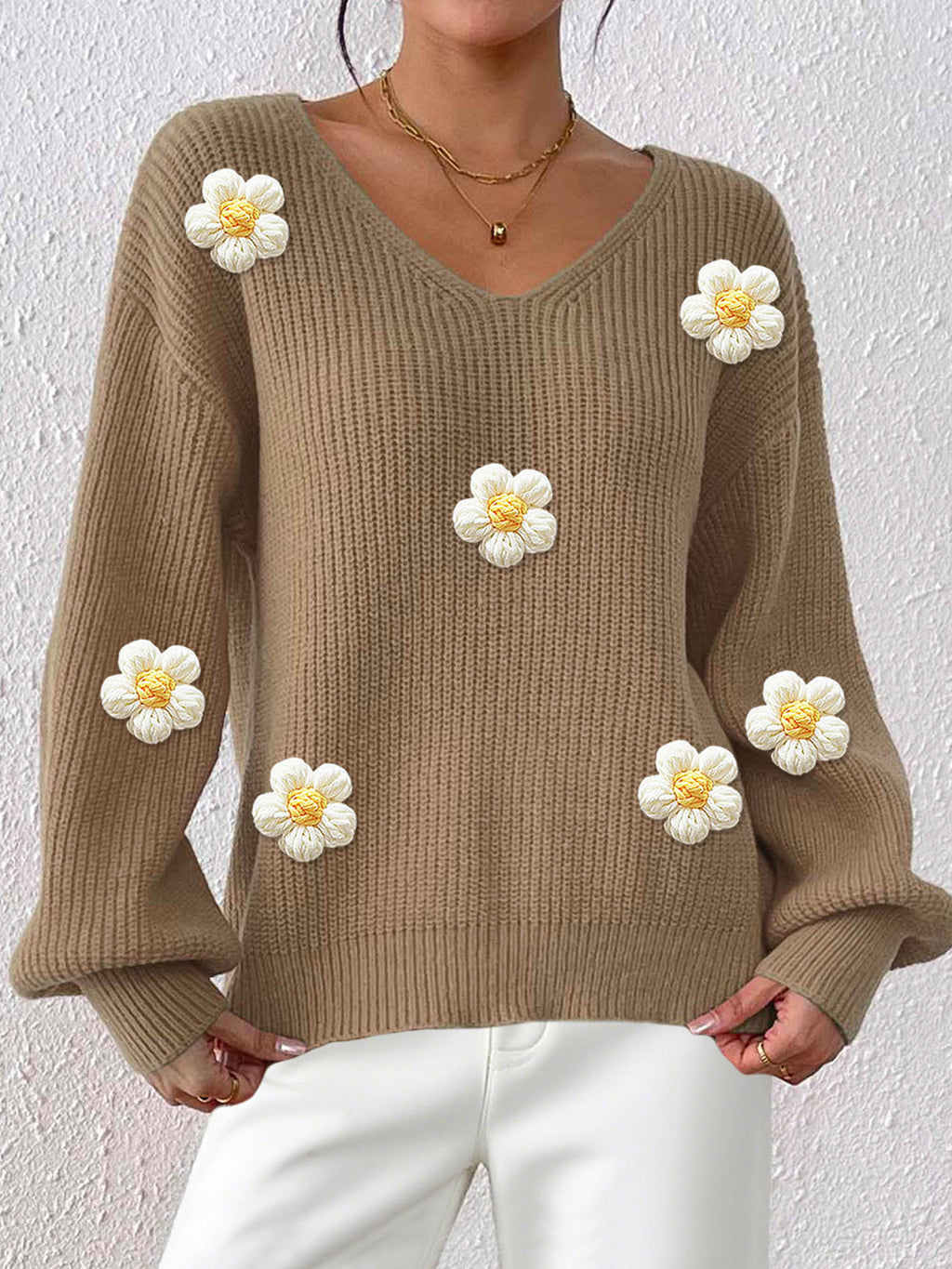 Blomstret patchwork-striktrøje til kvinder - Tekstureret og elegant
