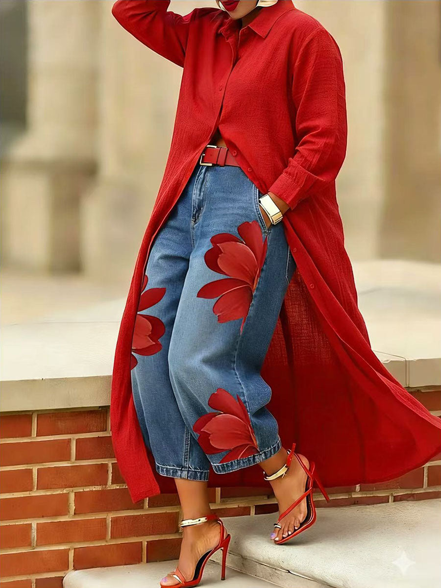 Jeans donna a fiori gamba ampia - Originali e casual