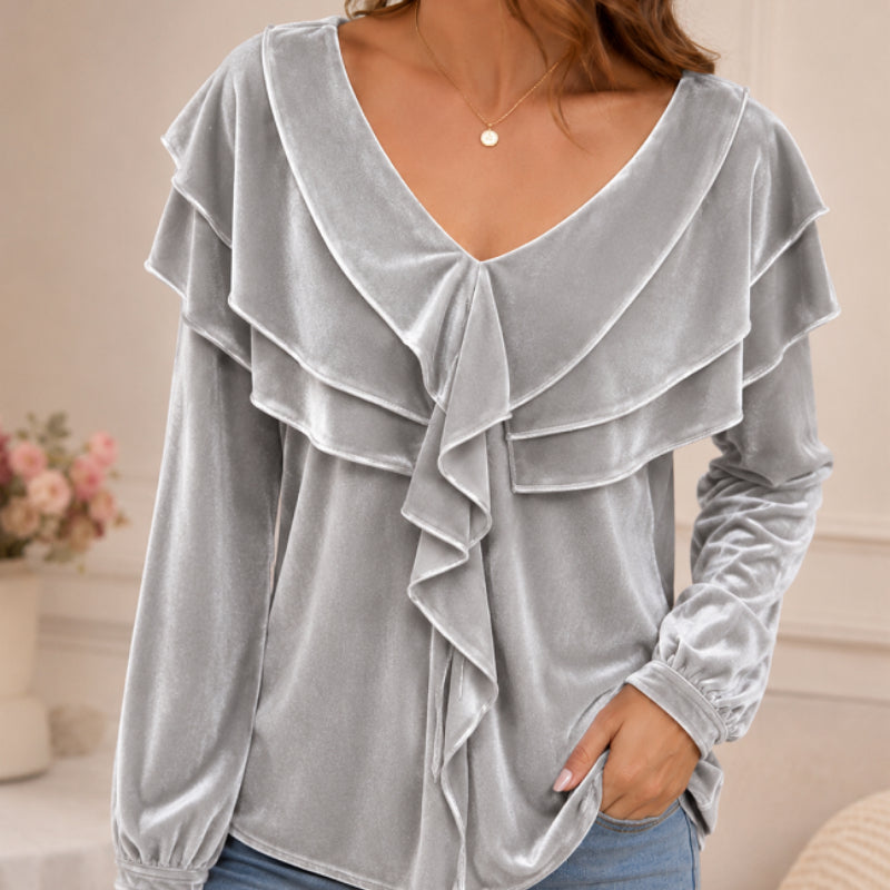 Top de mujer de terciopelo con escote en V y volante: estilo elegante, femenino y chic