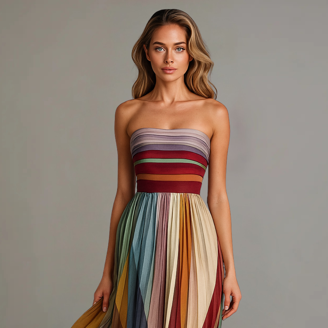 Abito lungo donna bustier plissettato – Vestito maxi elegante senza spalline per cerimonie e matrimoni