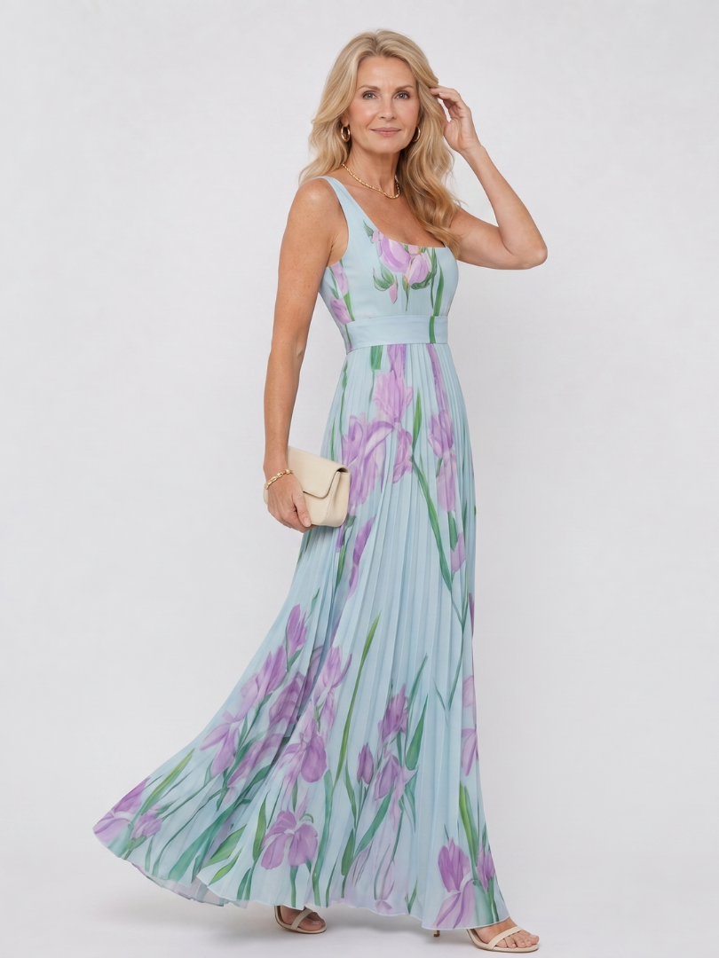 Abito midi plissettato da donna senza maniche con scollo quadrato - Elegante ed estivo