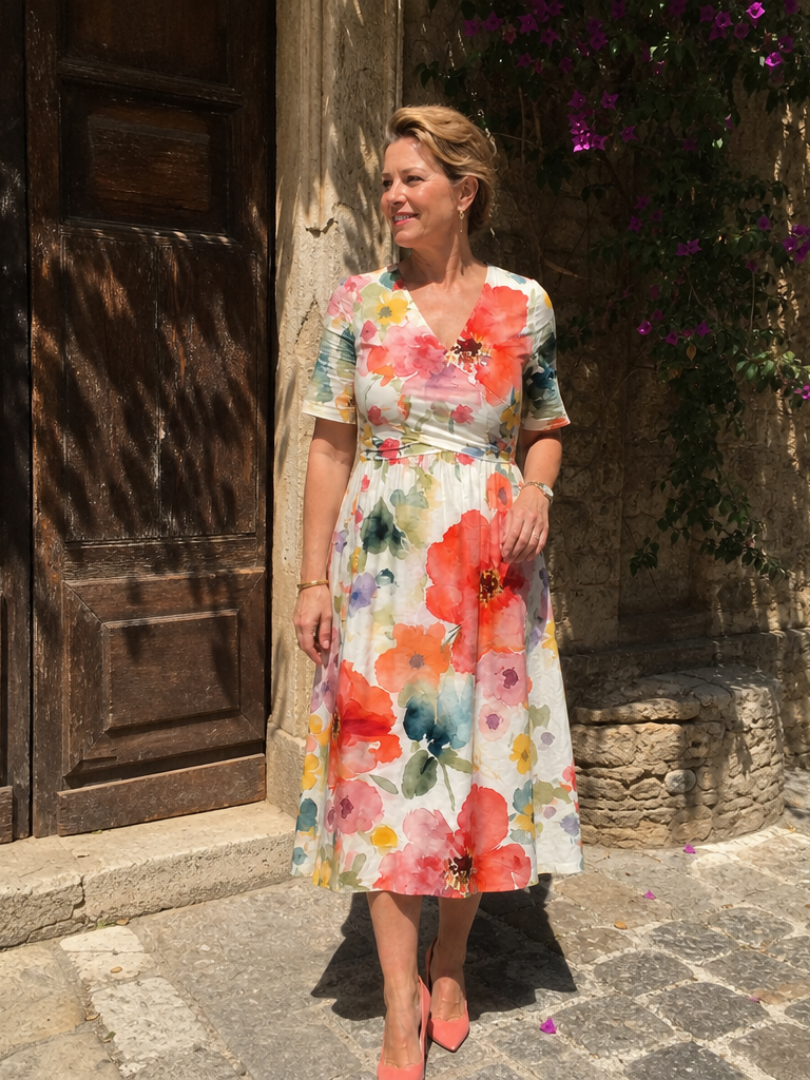 Abito midi floreale da donna con scollo a V e maniche corte - Leggero e femminile