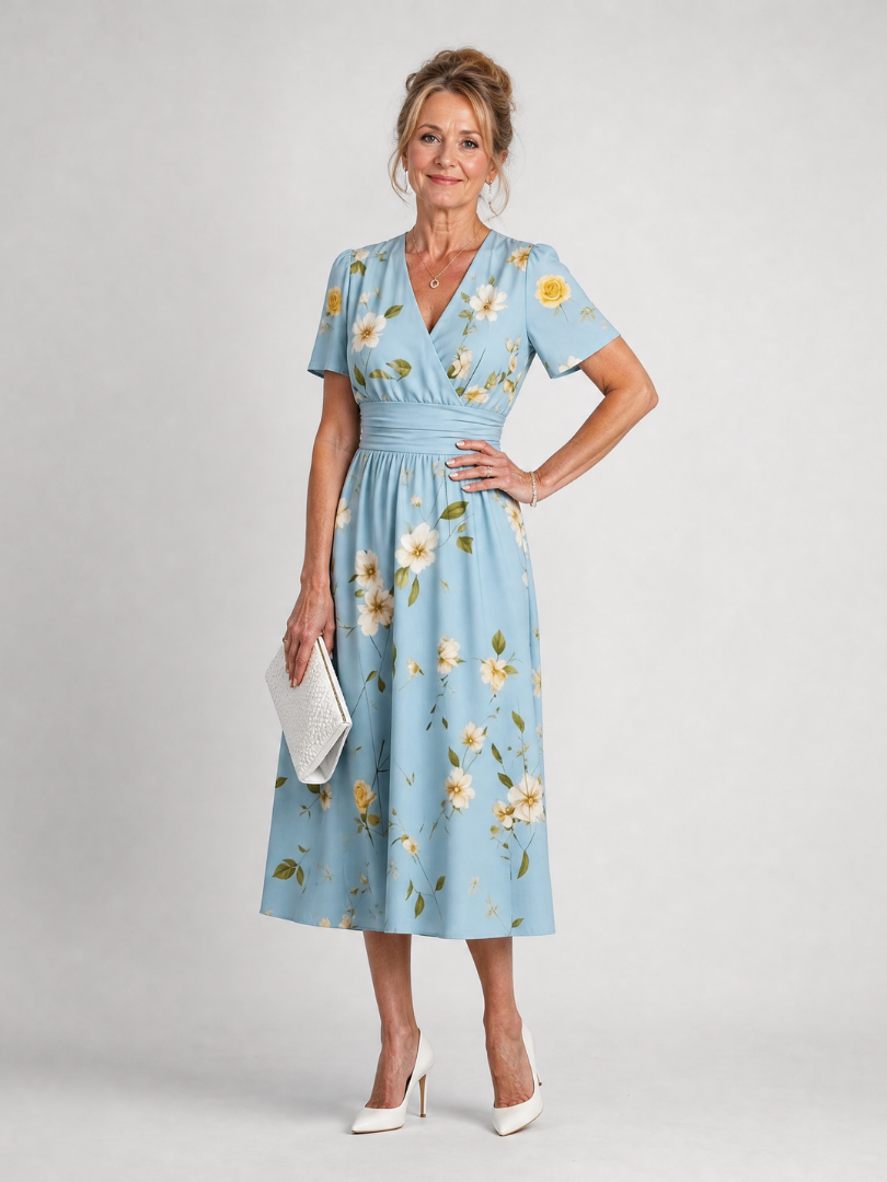 Abito midi floreale da donna con scollo a V e maniche corte - Fluido ed estivo
