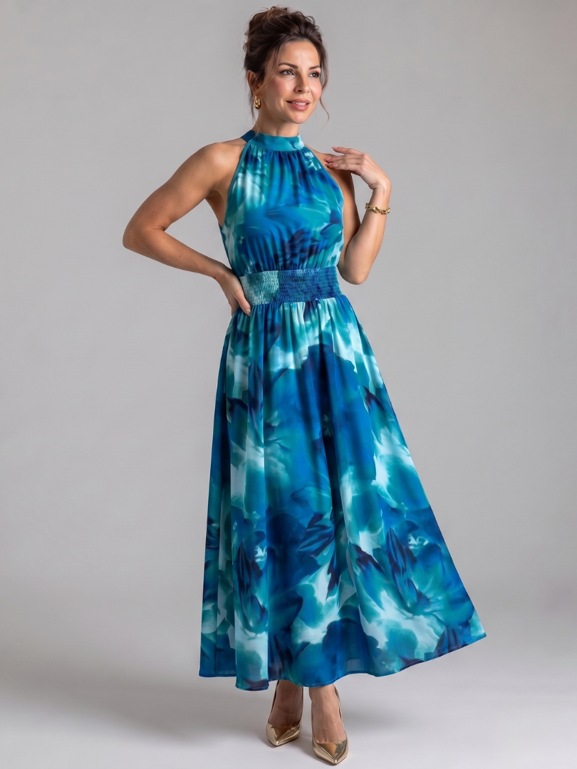 Abito midi da donna con stampa astratta e vita arricciata - Fluido ed elegante