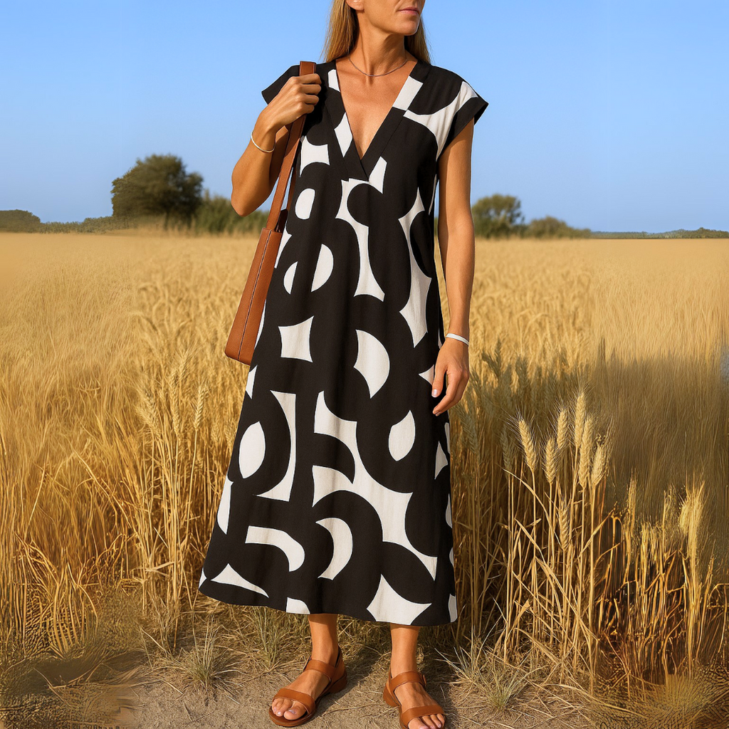 Abito midi Shaira con stampa geometrica bianco nero e scollo a V