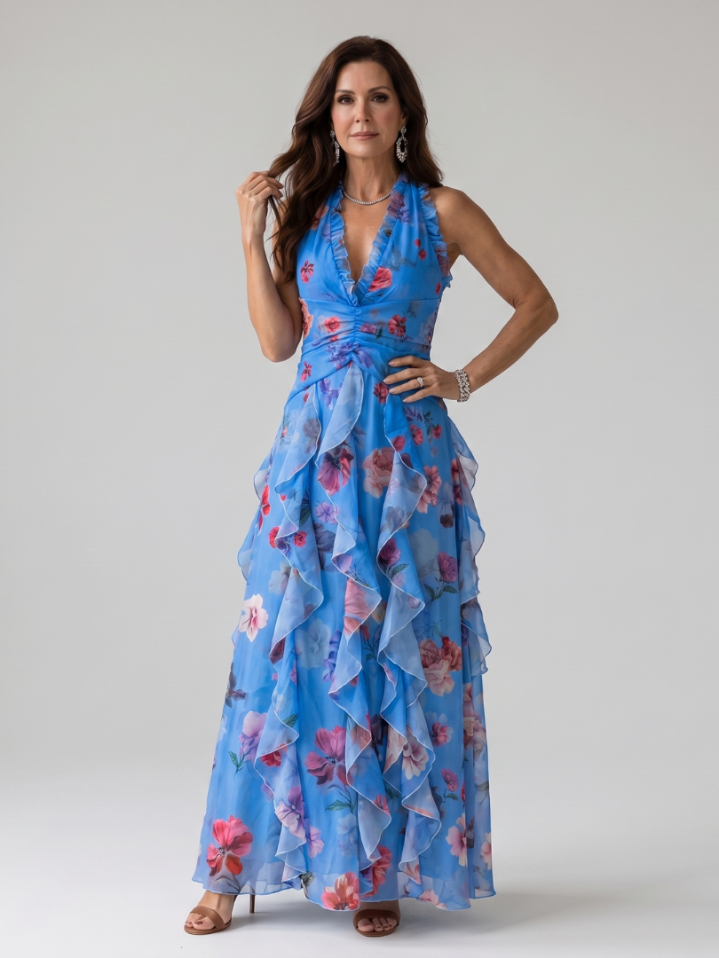Abito maxi floreale da donna con collo halter e corpetto arricciato - Raffinato ed estivo