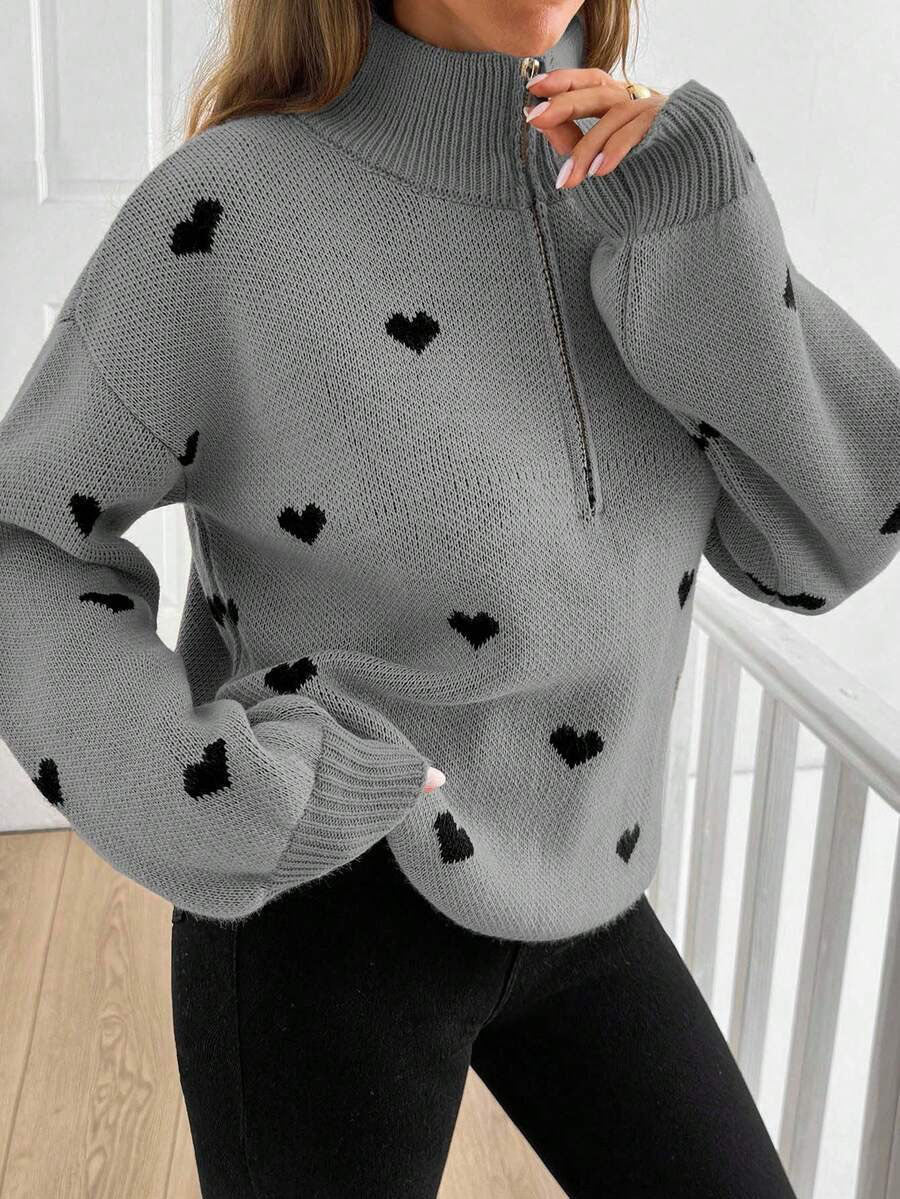 Maglione donna con zip e motivo cuore - Morbido e caldo