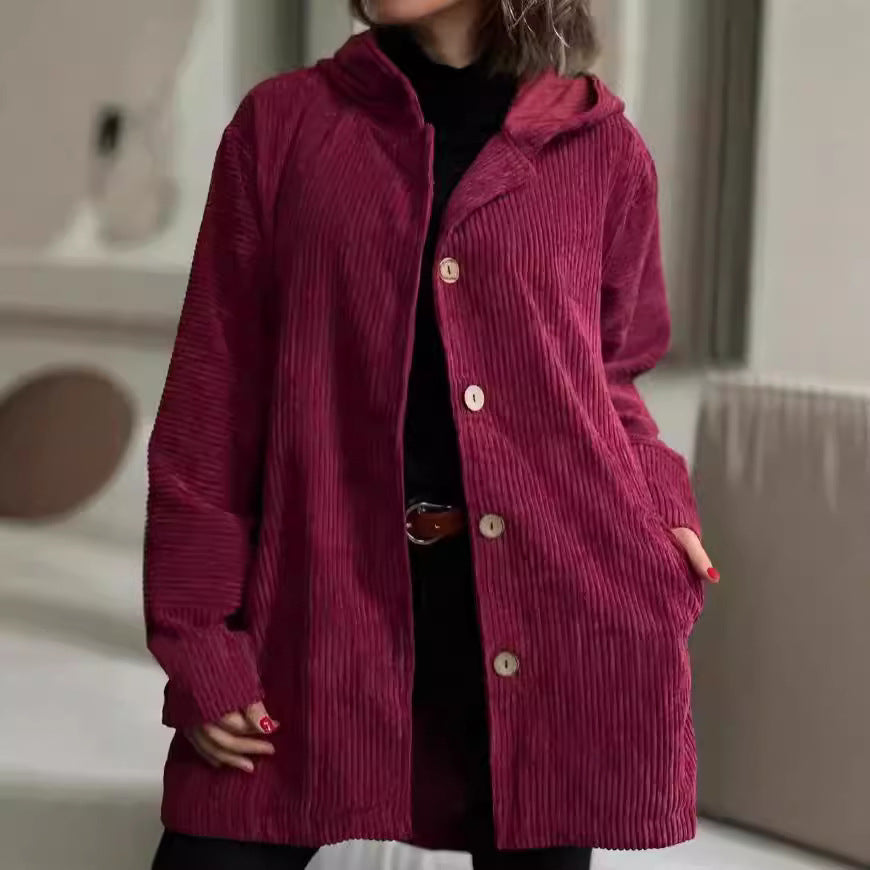 Elegante giacca con cappuccio in velluto a coste da donna – Maglione casual abbottonato di media lunghezza