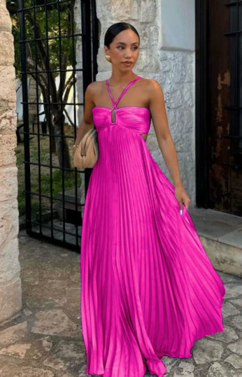 Abito donna plissettato senza maniche con collo halter - Elegante da sera