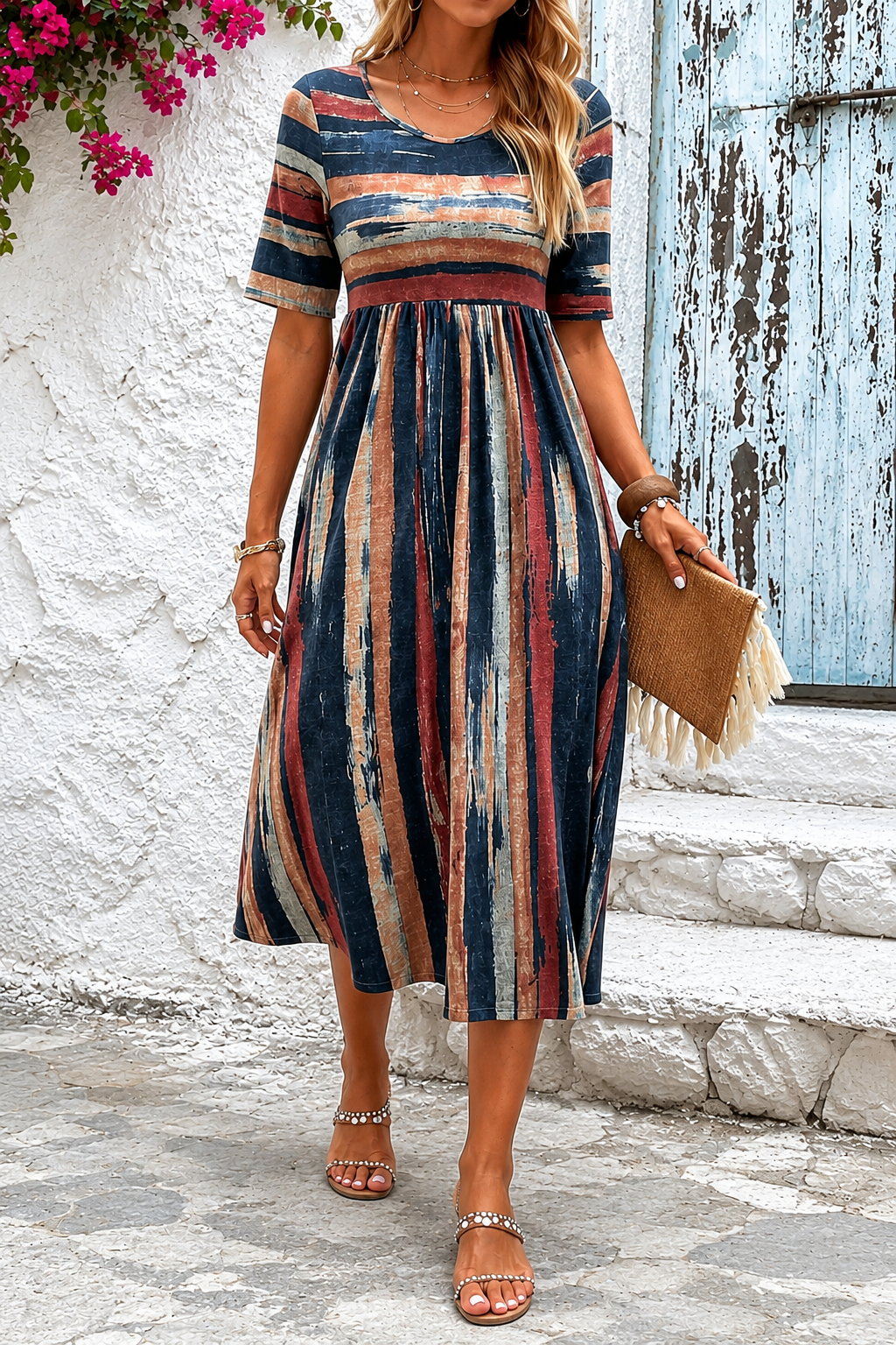 Marloes - Abito midi da donna a righe effetto contenitivo