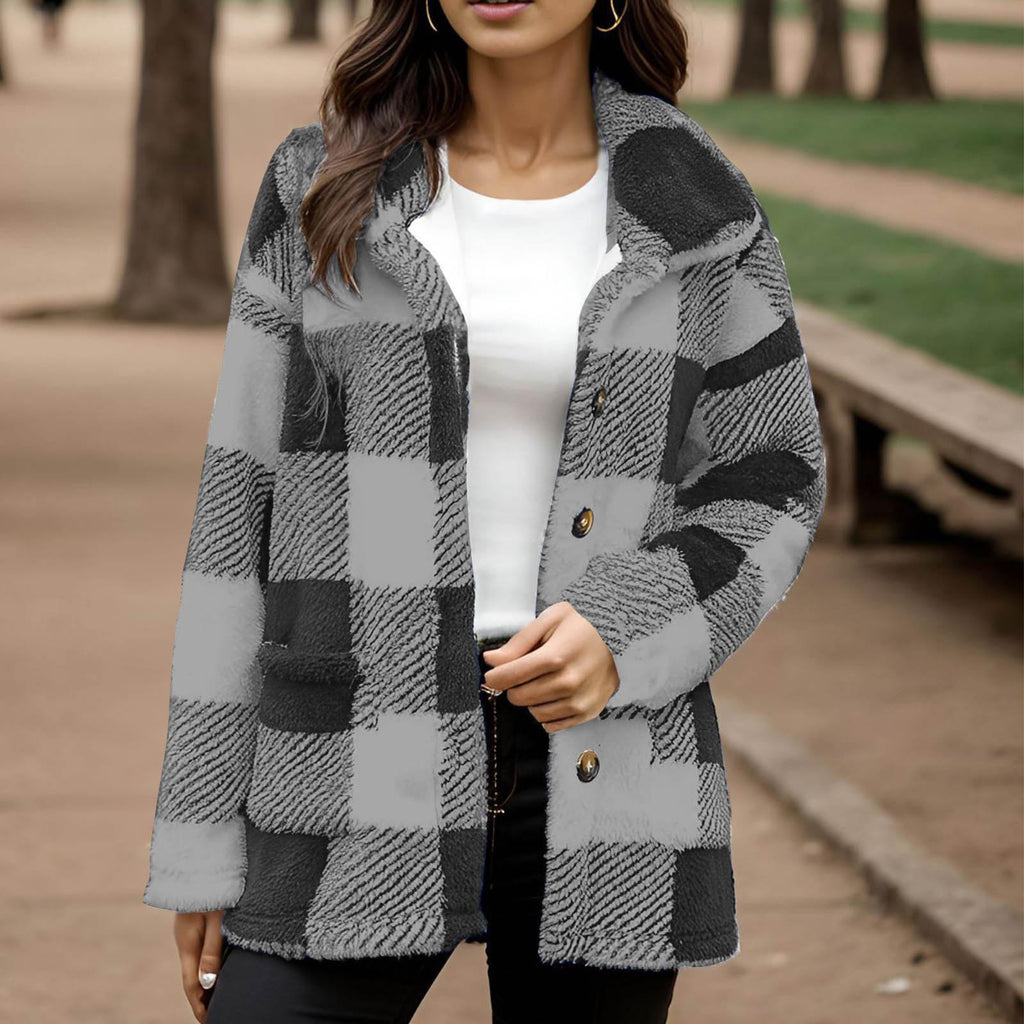 Manteau peluche à carreaux pour femme - Chaud et pratique
