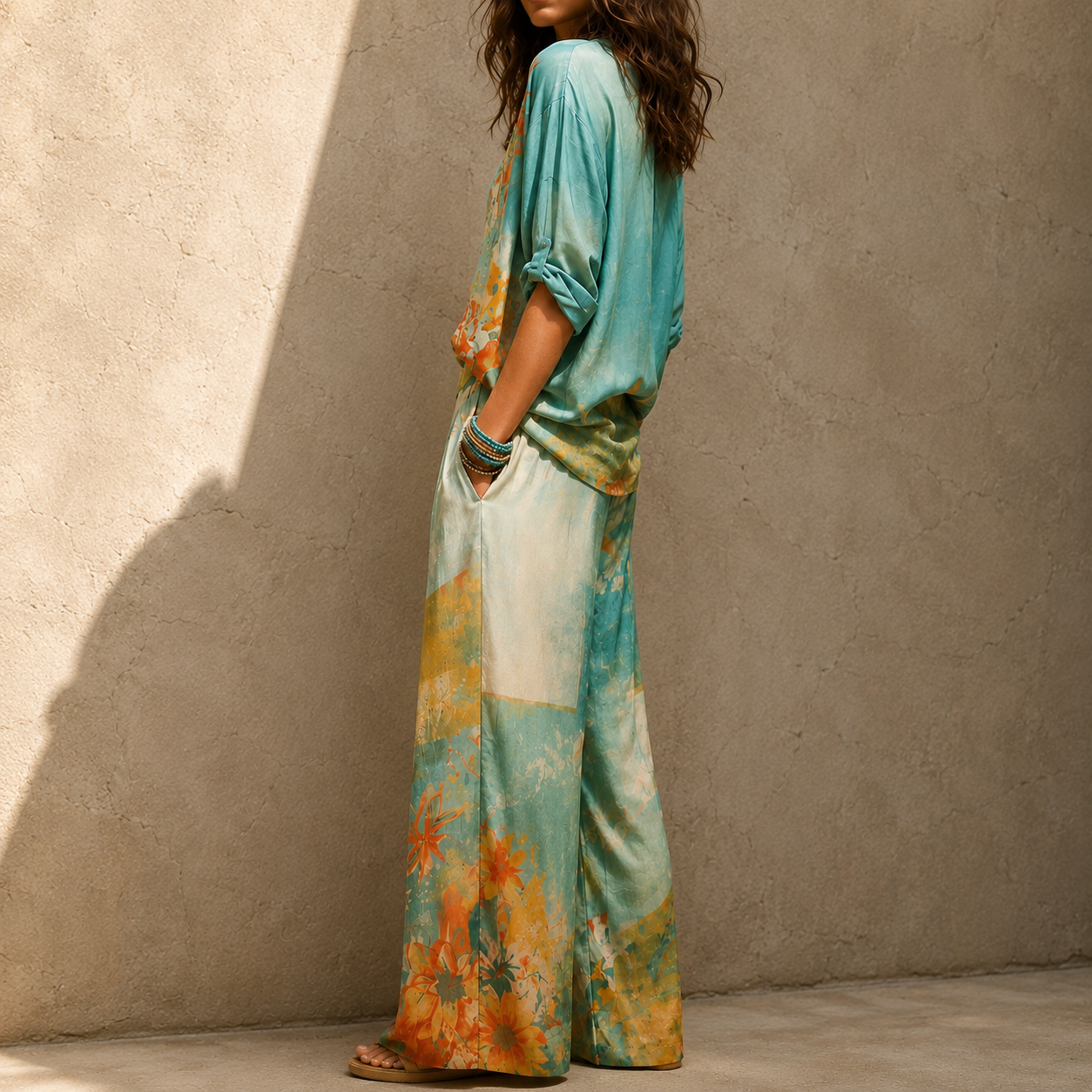 Set elegante da donna con stampa floreale e pantalone ampio - Raffinato e fluido