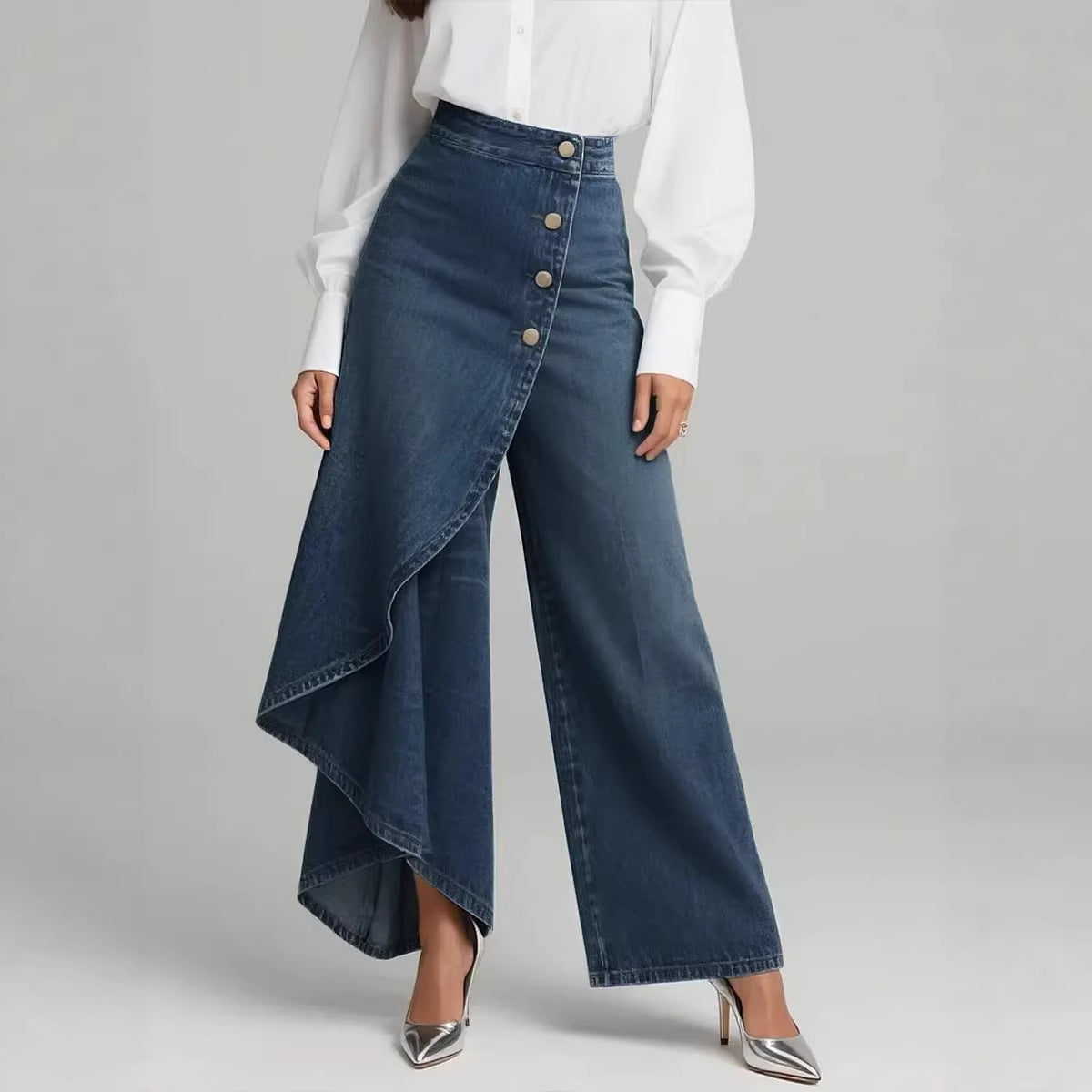 Pantaloni in finto denim a gamba dritta da donna – Pantaloni alla moda con bottoni arricciati