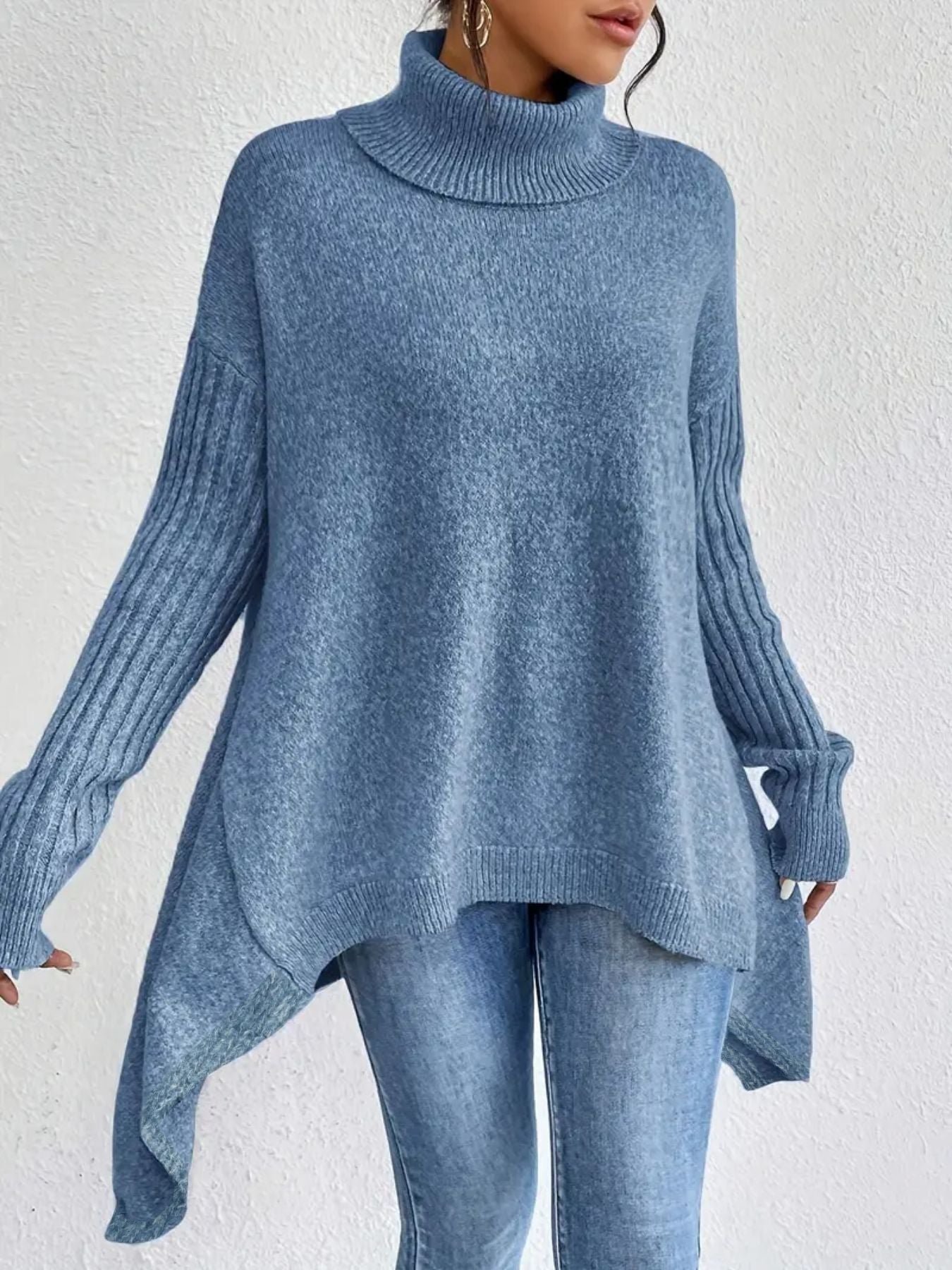 Maglione dolcevita irregolare da donna – Pullover a maniche lunghe in maglia larga