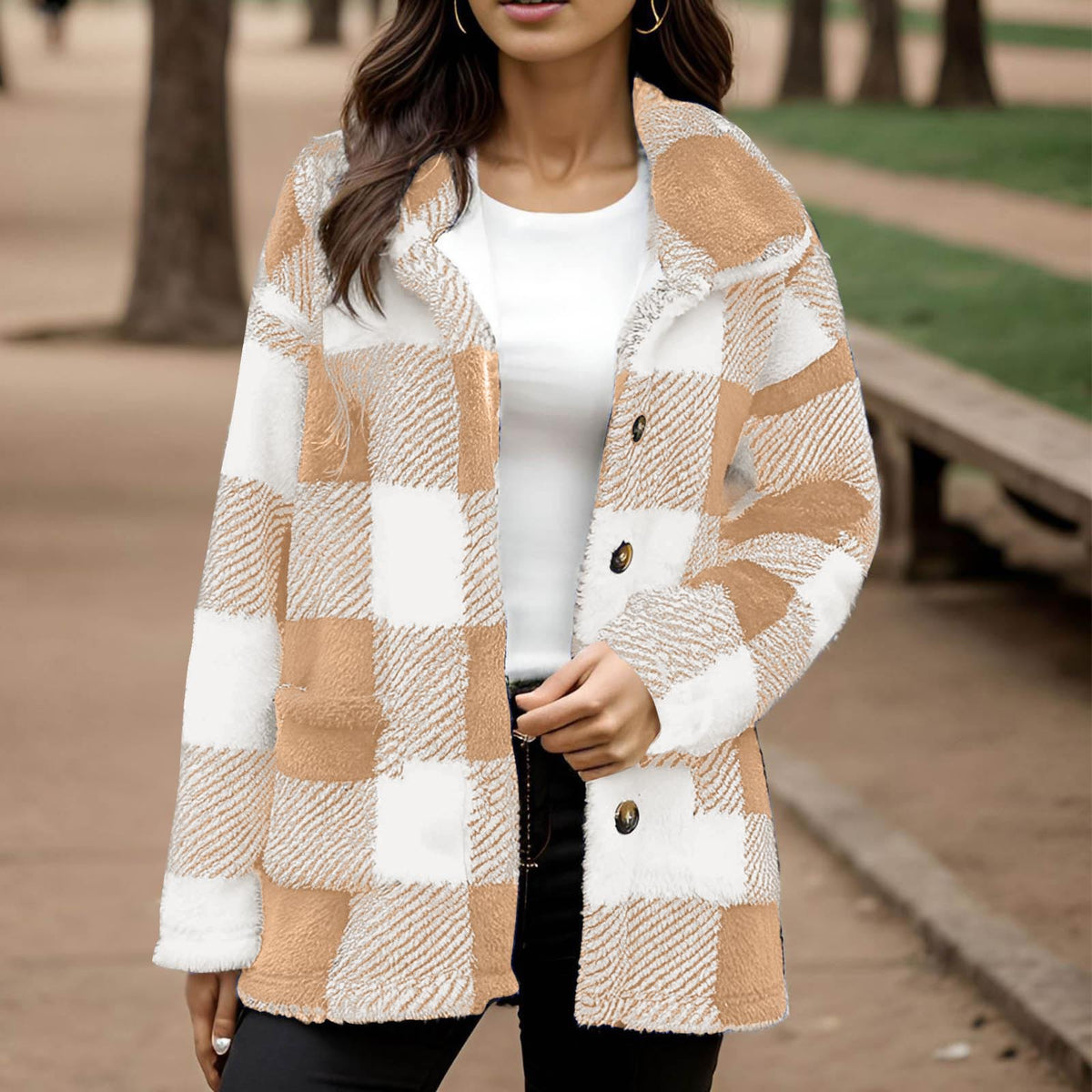 Manteau peluche à carreaux pour femme - Chaud et pratique