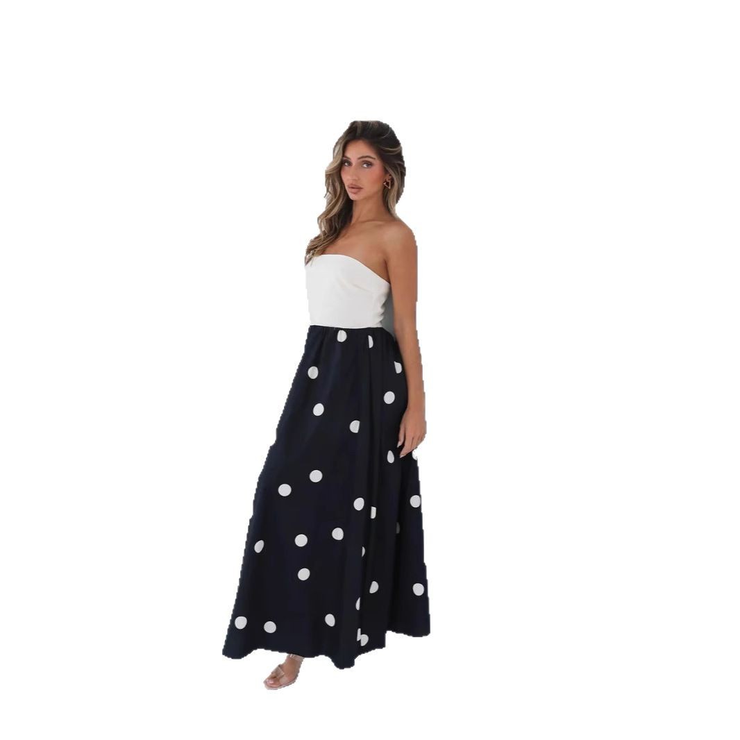 Abito lungo patchwork a pois da donna – Elegante abito tubino a trapezio