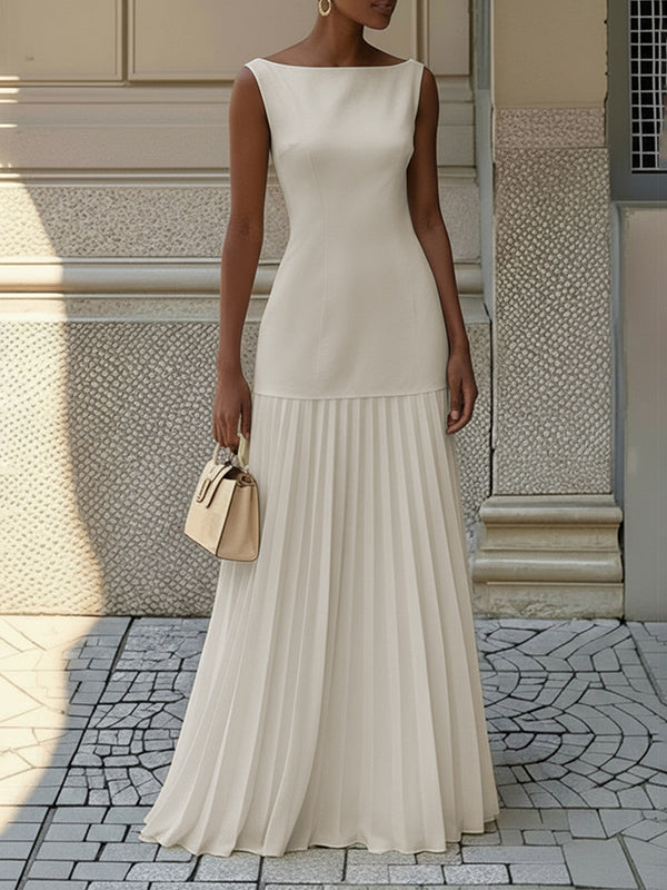 Vestito maxi plissettato da donna con scollo a barca – elegante senza maniche con spacco