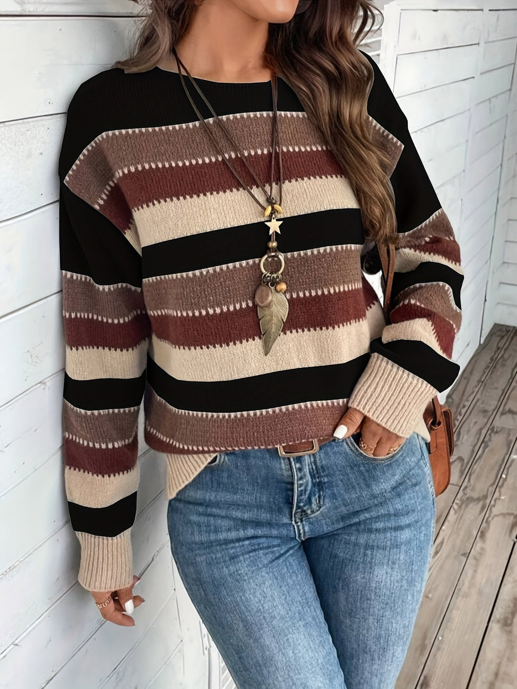 Women's striped crew-neck sweater - Soft and comfortable