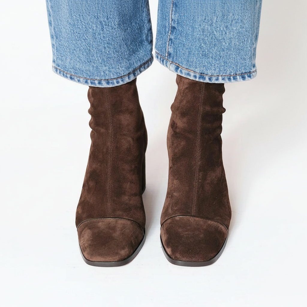 Stivaletti da donna con punta quadrata in pelle scamosciata – Tacco largo chic ed elegante