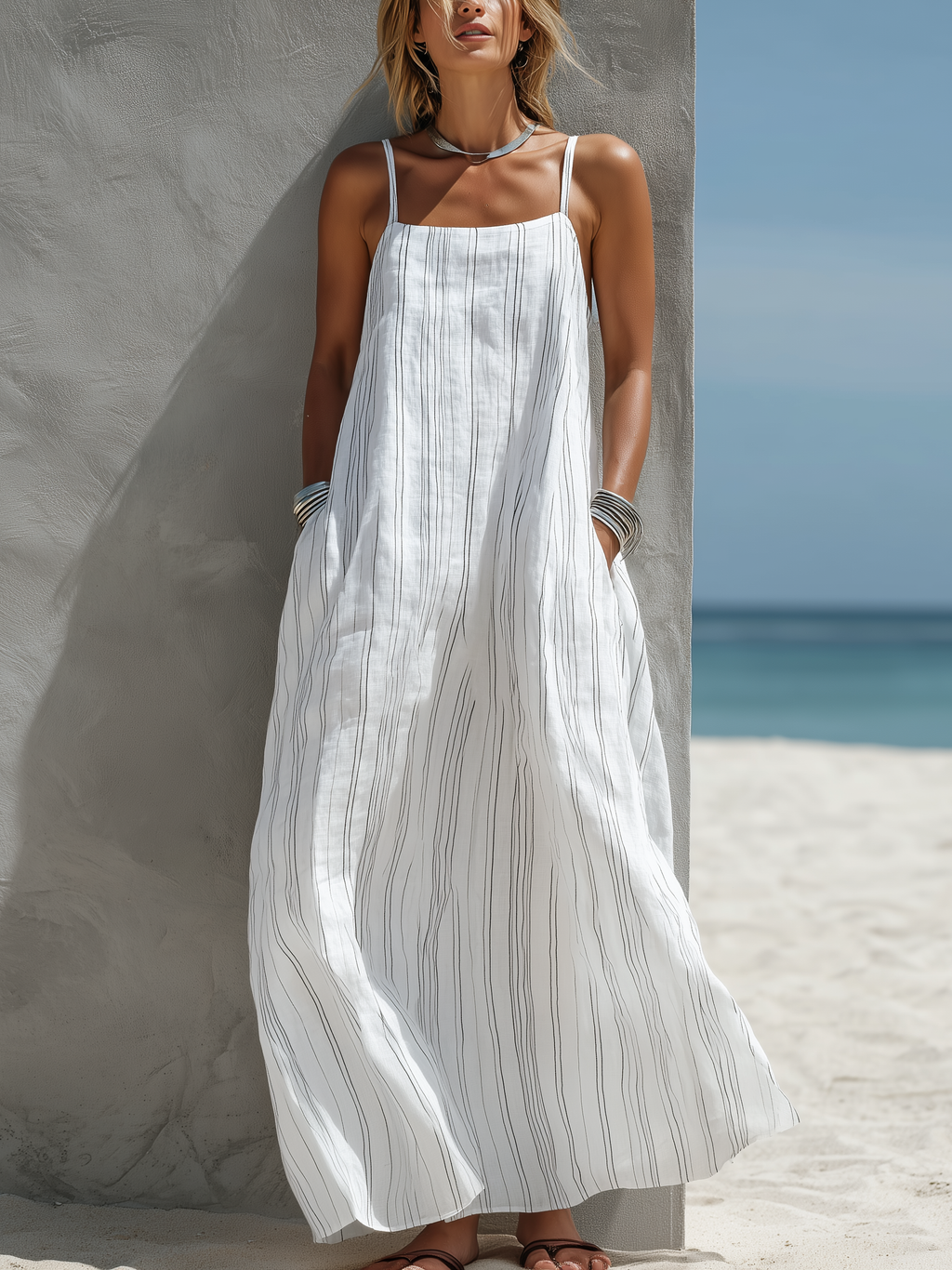 Abito maxi smanicato a righe da donna - Leggero e rilassato