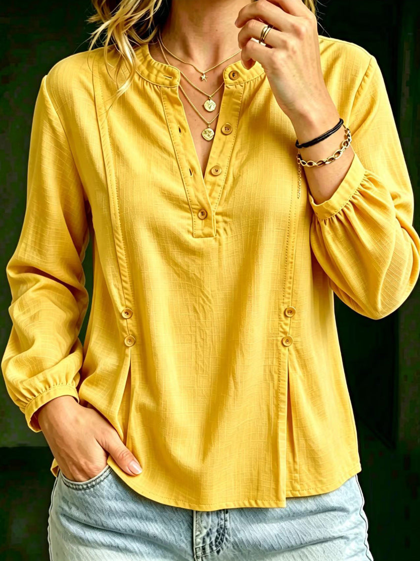 Camicia da donna in cotone e lino con collo alla mandarina – Modello casual estivo a maniche lunghe