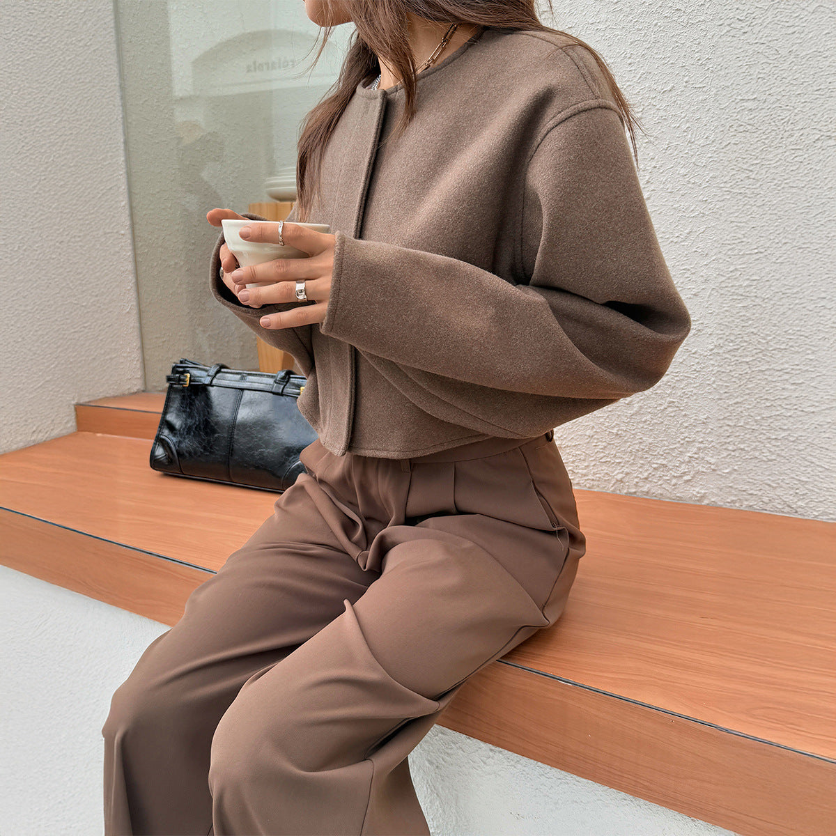 Giacca corta in misto lana premium da donna - Cappotto a maniche lunghe