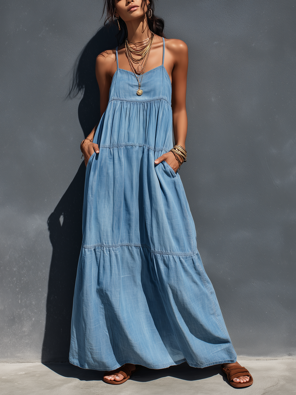 Abito maxi in denim con spalline da donna - Casual e di tendenza